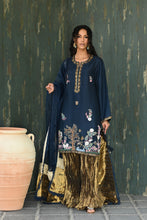 Load image into Gallery viewer, Navy shirt with crush flare pants