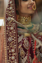Load image into Gallery viewer, Maroon/offwhite wine velvet Bridal (full outfit:shirt, lengha & dupatta)
