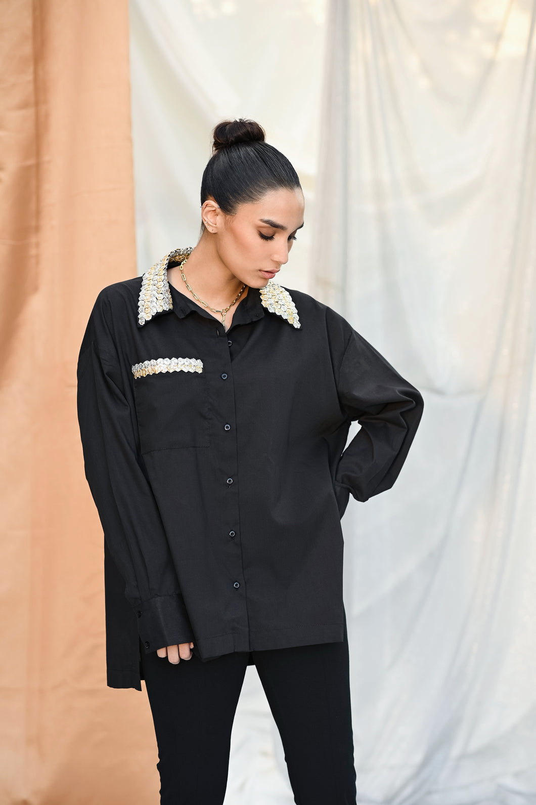 Shirt with Gold & Silver Pocket (Black)