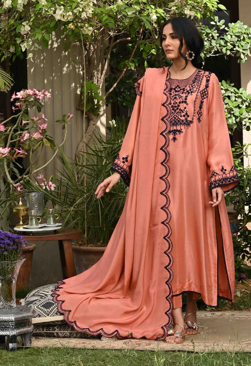 Coral embroidered kurta with pants